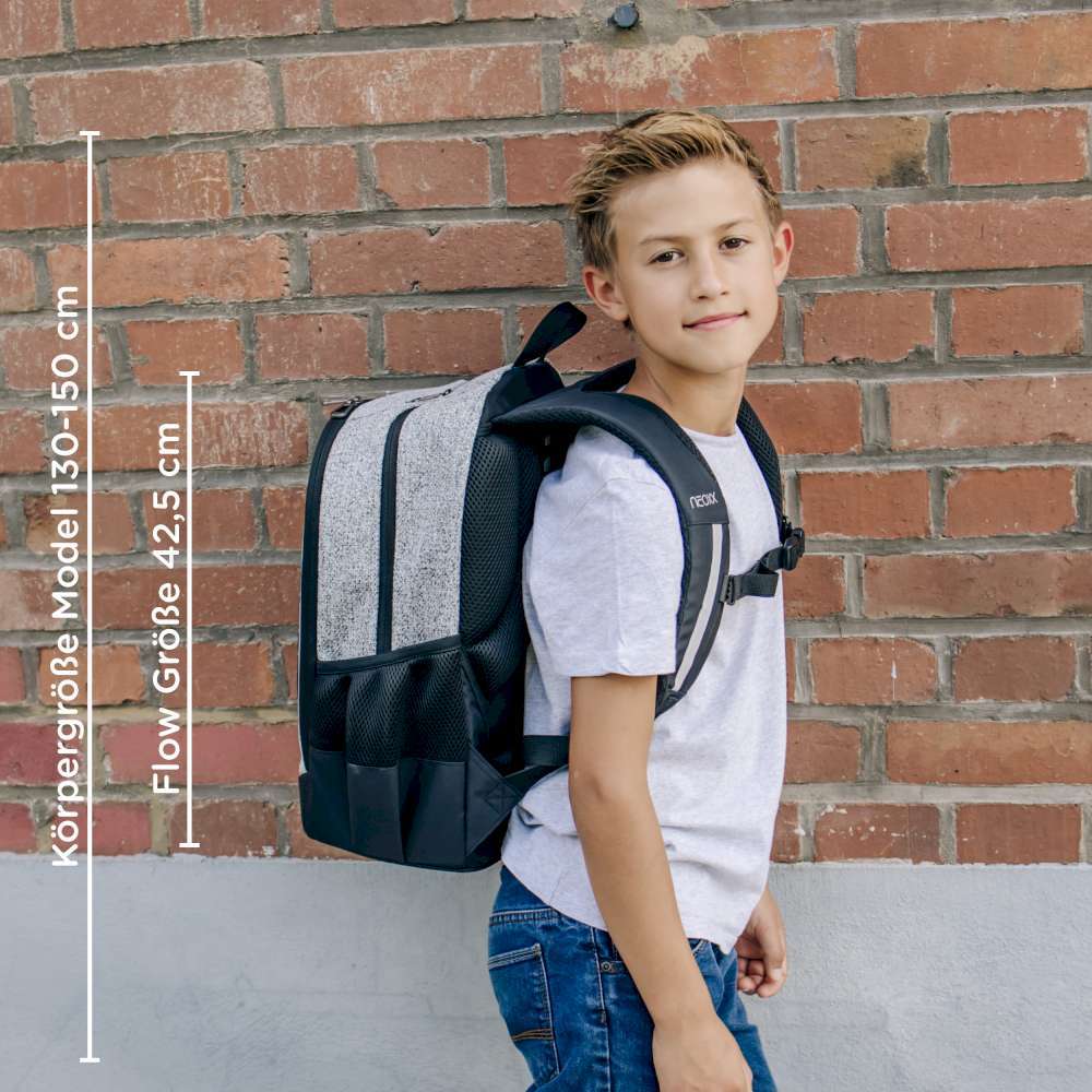 NEOXX Schulrucksack Flow Wool the World mit Kind seitlich