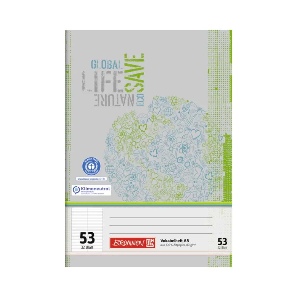 BRUNNEN Vokabelheft Recycling in DIN A4 und A5 - verschiedene Lineaturen - A5 Lineatur 53 | 32 Blatt, grün/grau