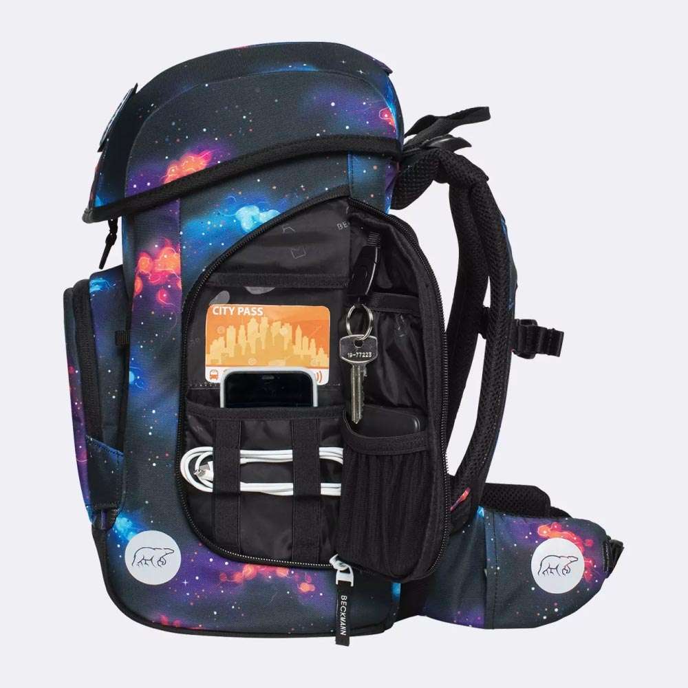 BECKMANN Schulranzen Set AIR PLUS 6 tlg - Ninja Elements Seitentasche offen gefüllt