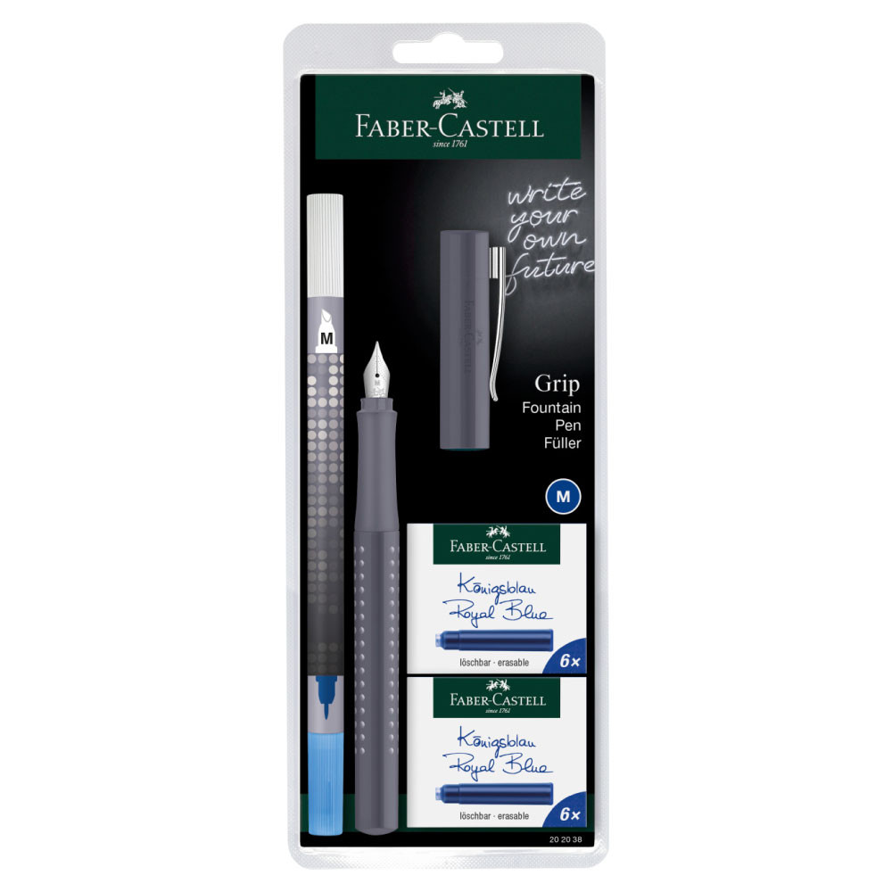 FABER-CASTELL Füller Grip 2010 Füller Grip 2010 gray (M) + 12x Tintenpatronen