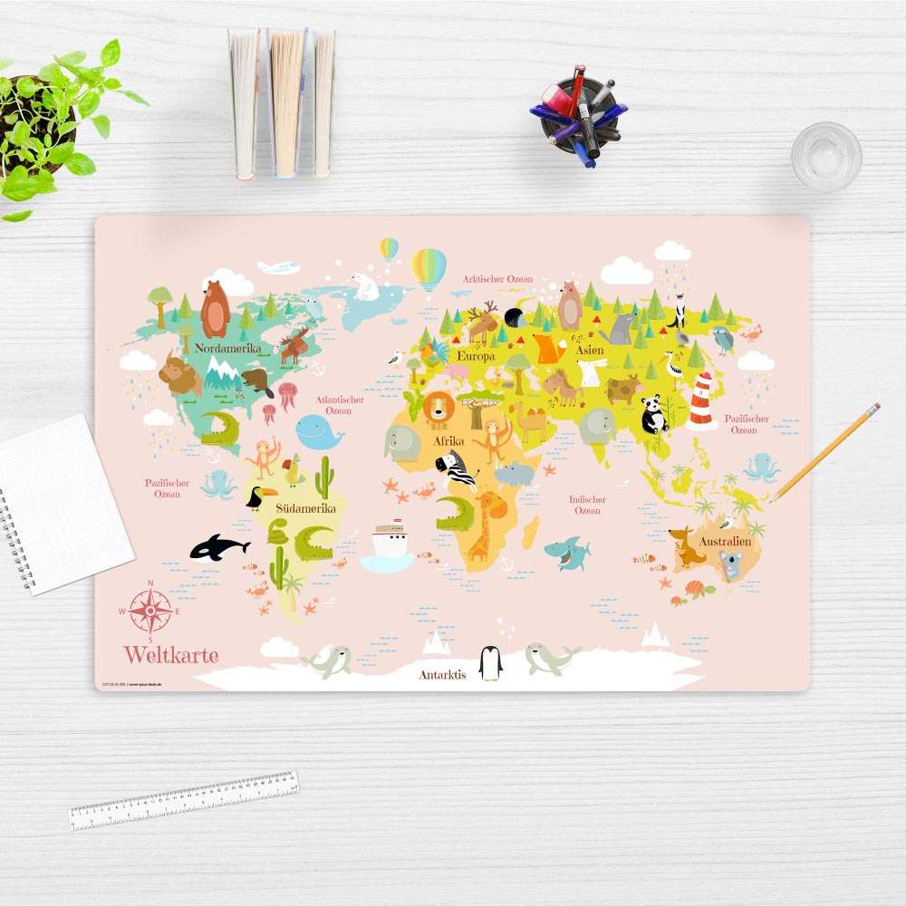 COVER-YOUR-DESK Premium Schreibtischunterlage 60 x 40 cm Weltkarte in rosa für Kinder Maße