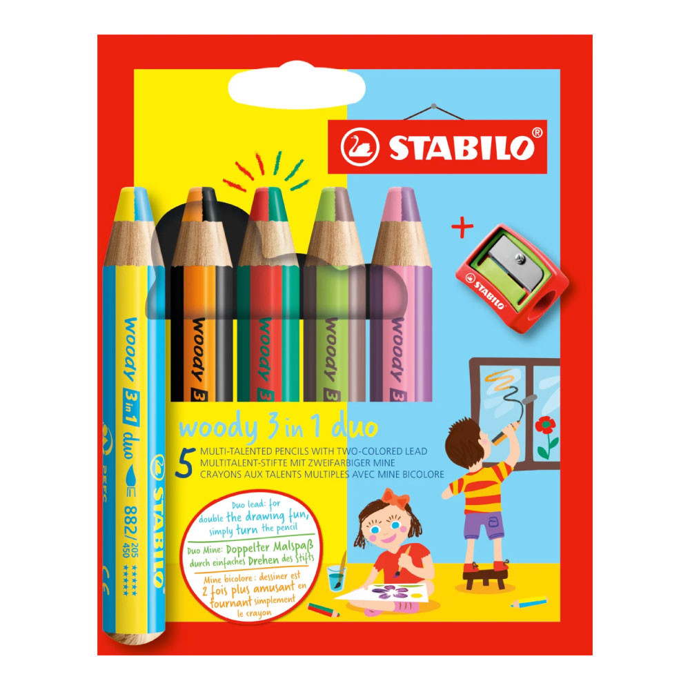 STABILO Buntstifte/Wachsmalstifte woody 3 in 1 duo 5er Set + Spitzer