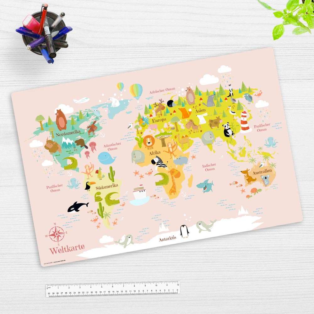 COVER-YOUR-DESK Premium Schreibtischunterlage 60 x 40 cm Weltkarte in rosa für Kinder
