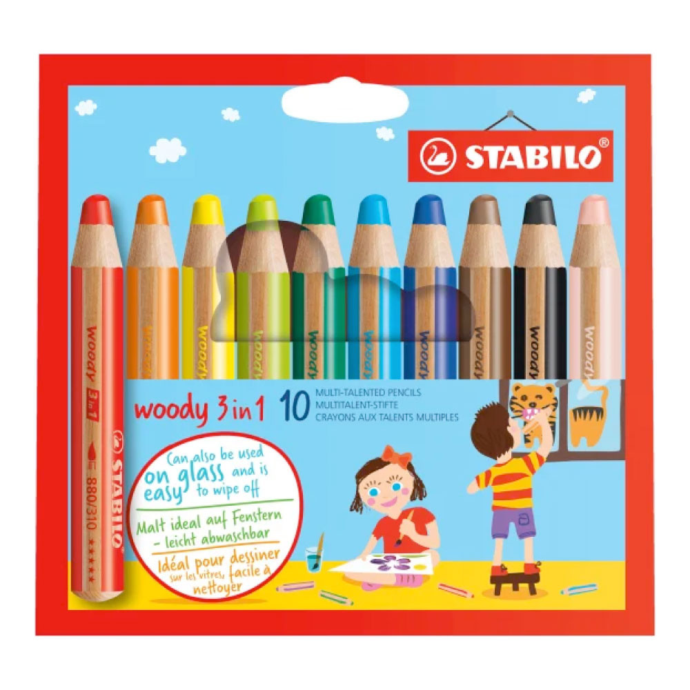 STABILO Buntstift, Wasserfarbe & Wachsmalkreide woody 3 in 1 10er Set