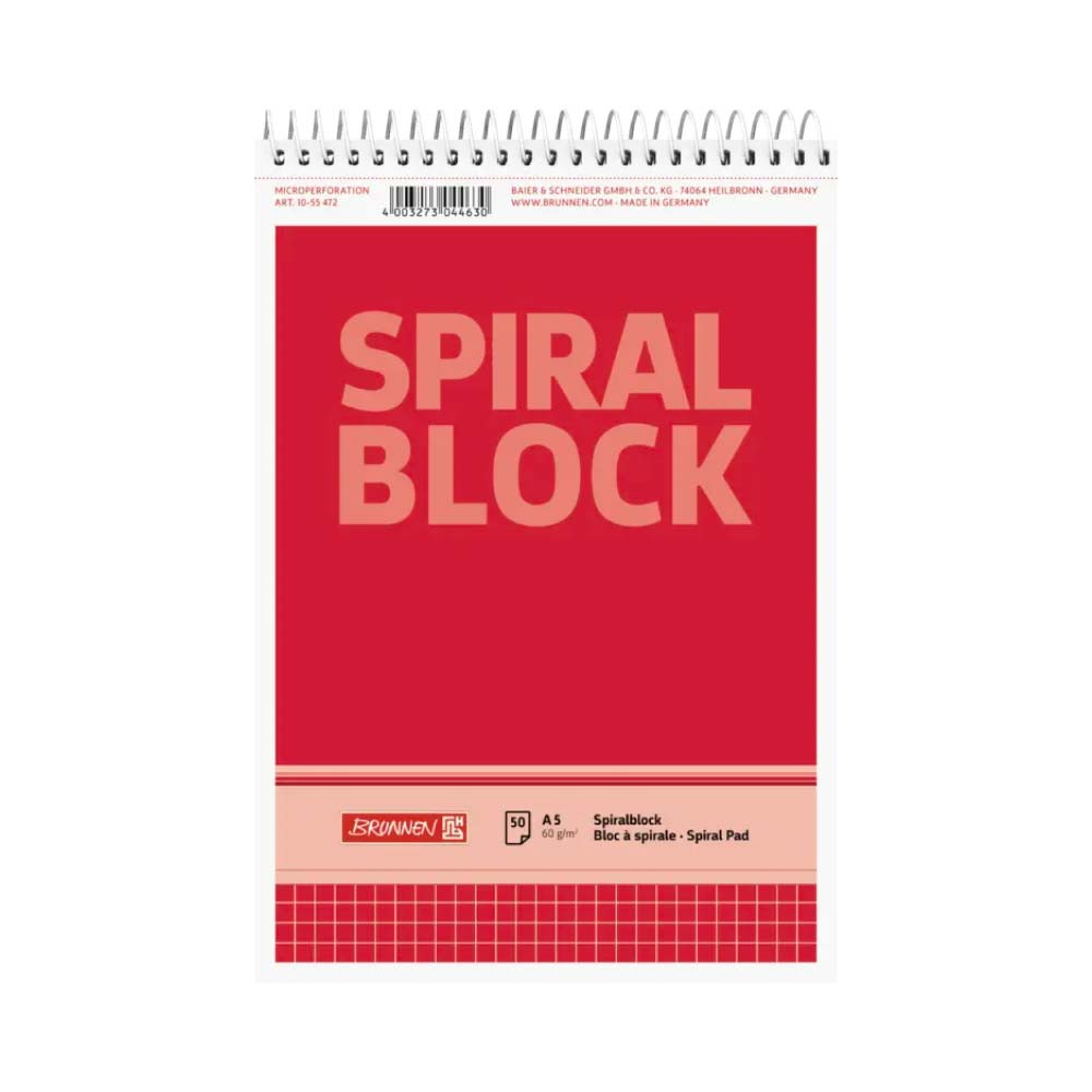 Brunnen Spiral- und Stenoblock in DIN A5, A6 und A7 - kariert und liniert - A5 kariert | 50 Blatt, rot