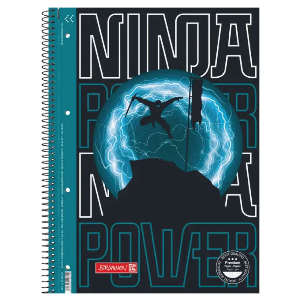 BRUNNEN Collegeblock Premium Student Motive Ninja Power | A4, Lineatur 28, 80 Blatt, petrol/schwarz