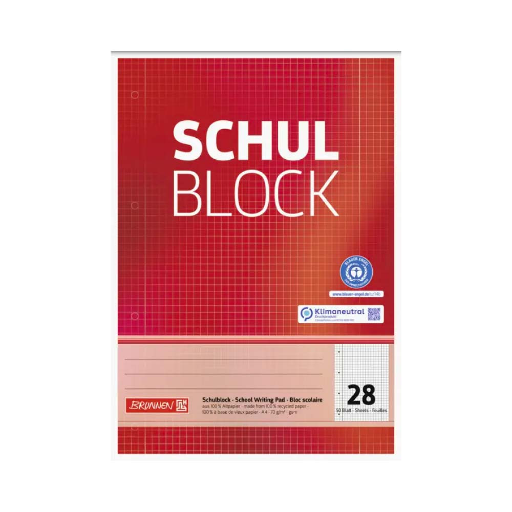 BRUNNEN Schulblock Recycling A4 - 50-Blatt - verschiedene Lineaturen - A4 Lineatur 28 | 50 Blatt, rot