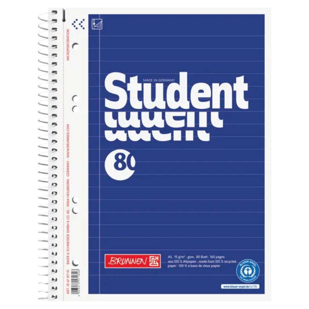 BRUNNEN Collegeblock Student Recycling | A5, Lineatur 4, 80 Blatt, blau