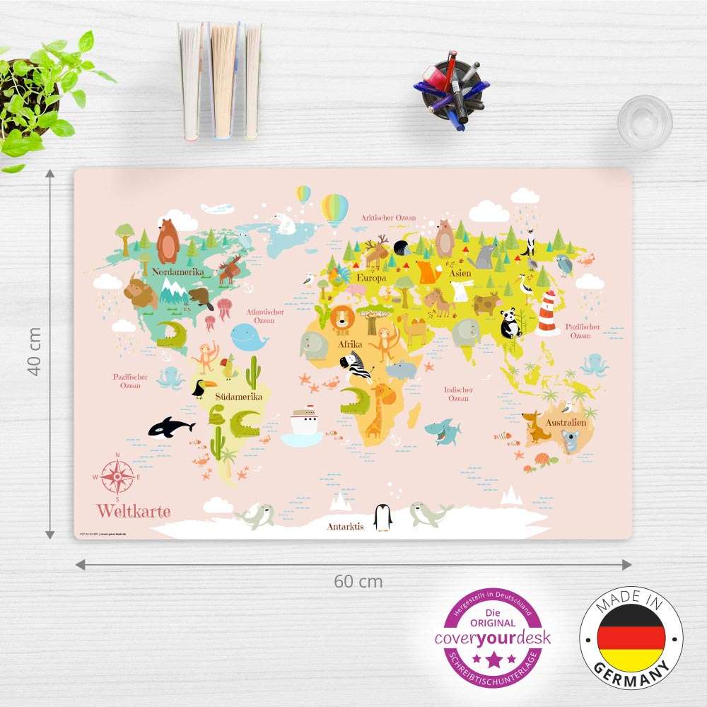 COVER-YOUR-DESK Premium Schreibtischunterlage 60 x 40 cm Weltkarte in rosa für Kinder auf Schreibtisch