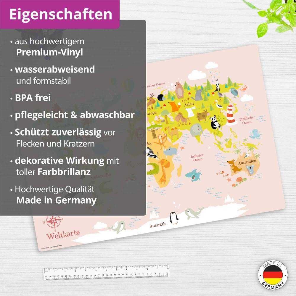 COVER-YOUR-DESK Premium Schreibtischunterlage 60 x 40 cm Weltkarte in rosa für Kinder Eigenschaften
