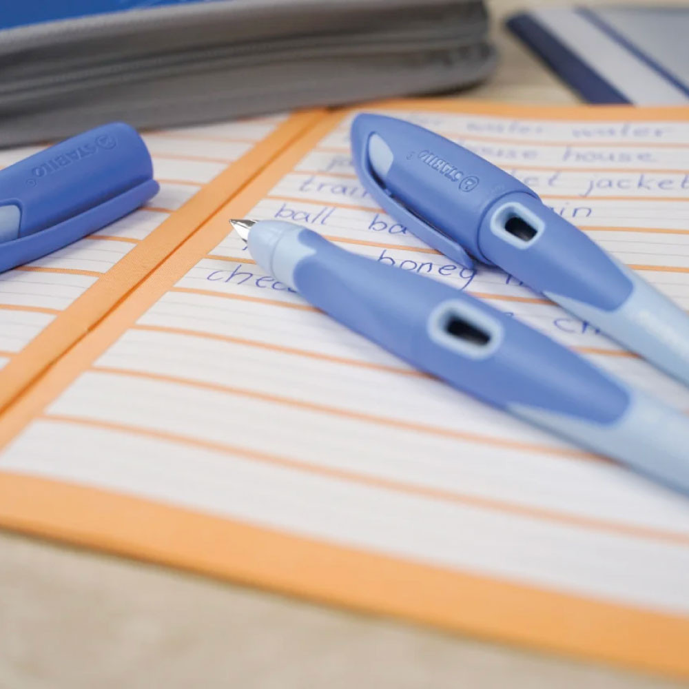 STABILO ergonomischer Schulfüller EASYbirdy pastell aqua grün/mint liegen auf einem Heft