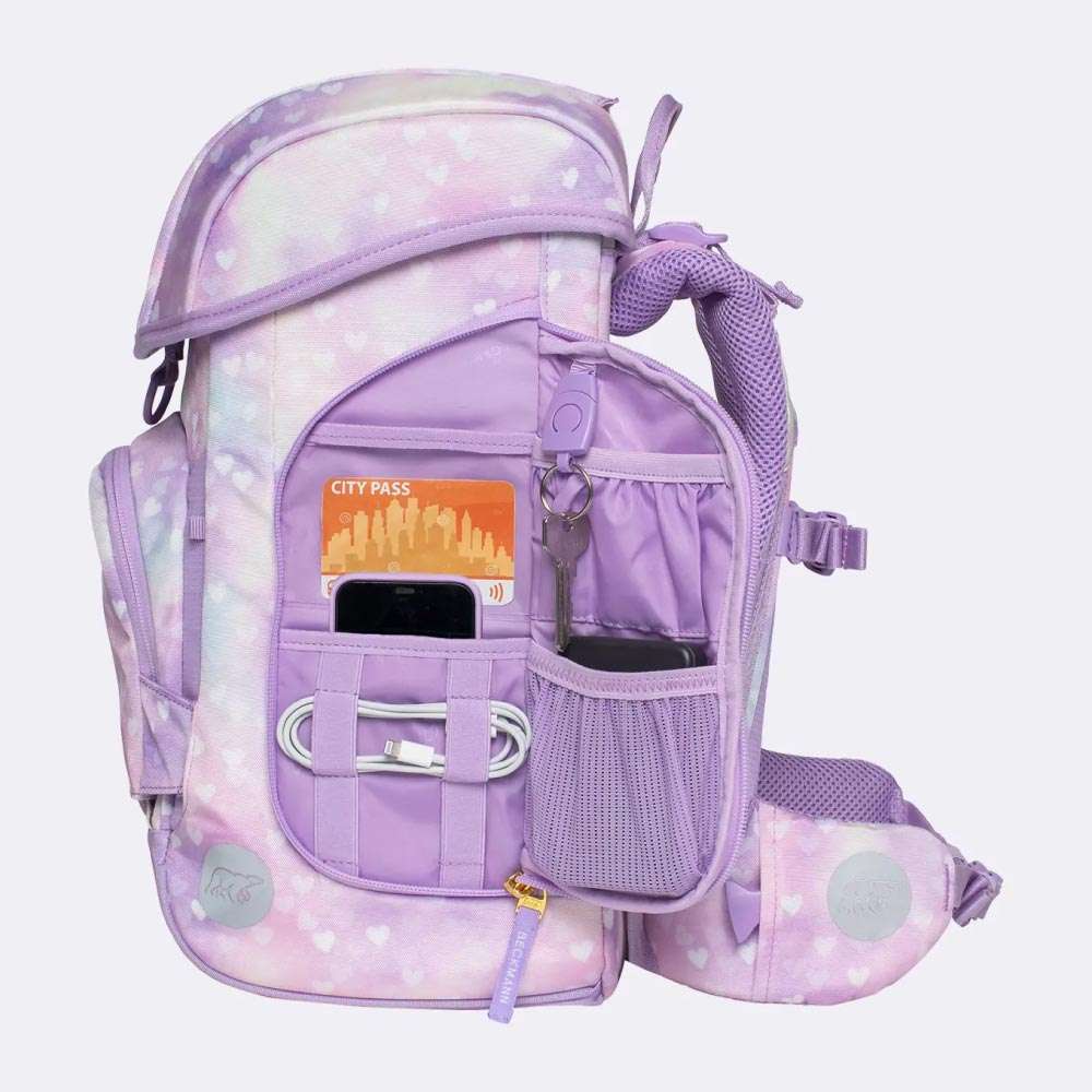 BECKMANN Schulranzen Set AIR PLUS 6 tlg - Princess Purple Seitentasche offen gefüllt