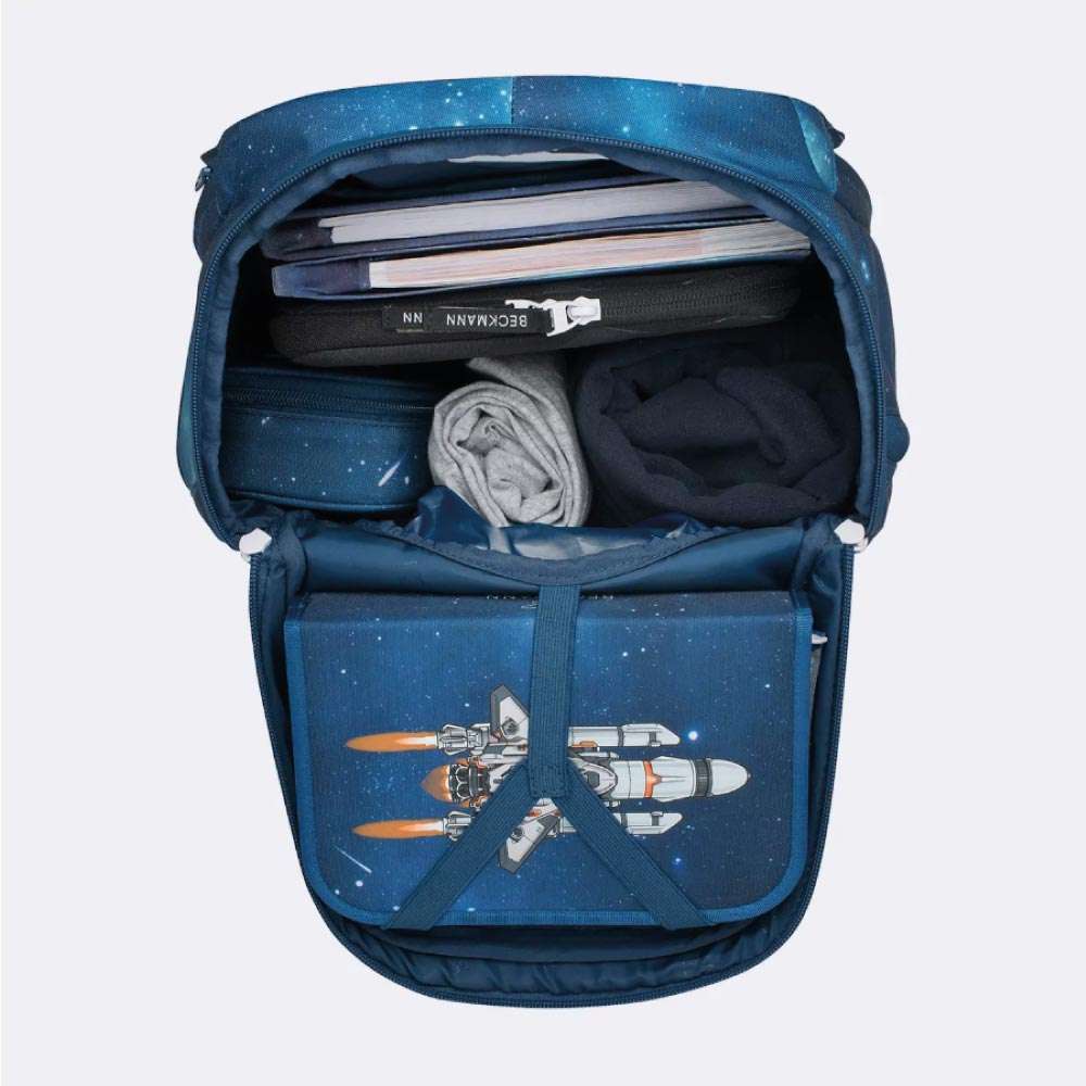 BECKMANN Schulranzen ACTIVE AIR FLX 6 tlg - Space Mission oberes Fach geöffnet gefüllt