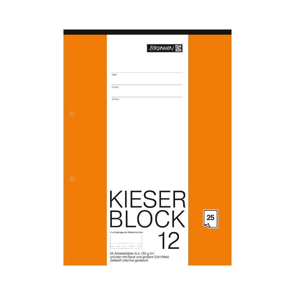 BRUNNEN KIESER-Block Zeichenblock  in 25 und 50-Blatt - liniert und kariert A4 unliniert, 25 Blatt, weiß
