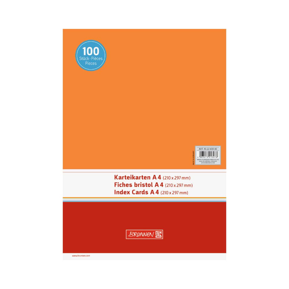 BRUNNEN Karteikarten verschiedene Größen und Farben - 100 Stück - A4, unliniert, orange Front