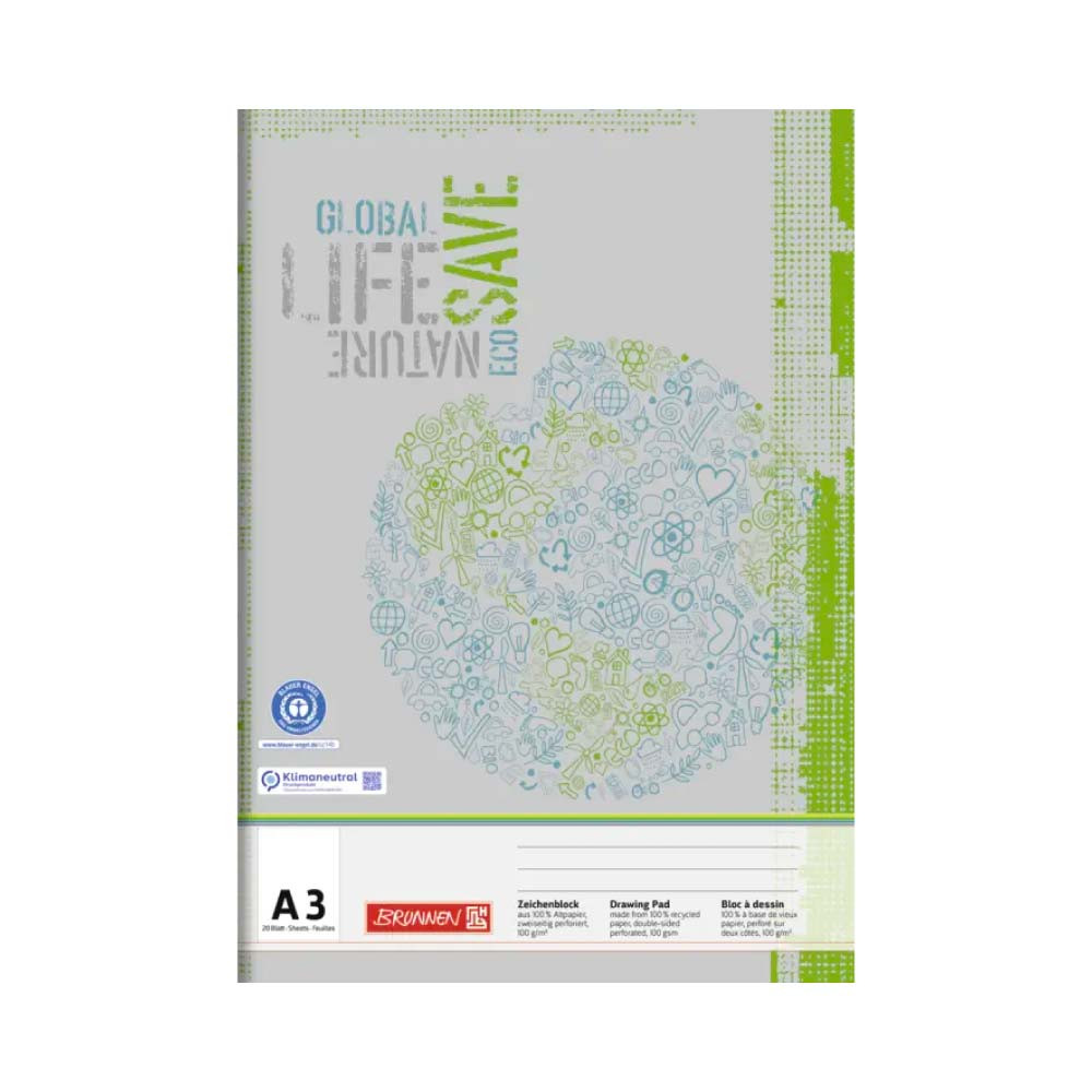 BRUNNEN Zeichenblock - DIN-A3 und A2 in 10 oder 20 Blatt - Recycling A3 | 20 Blatt
