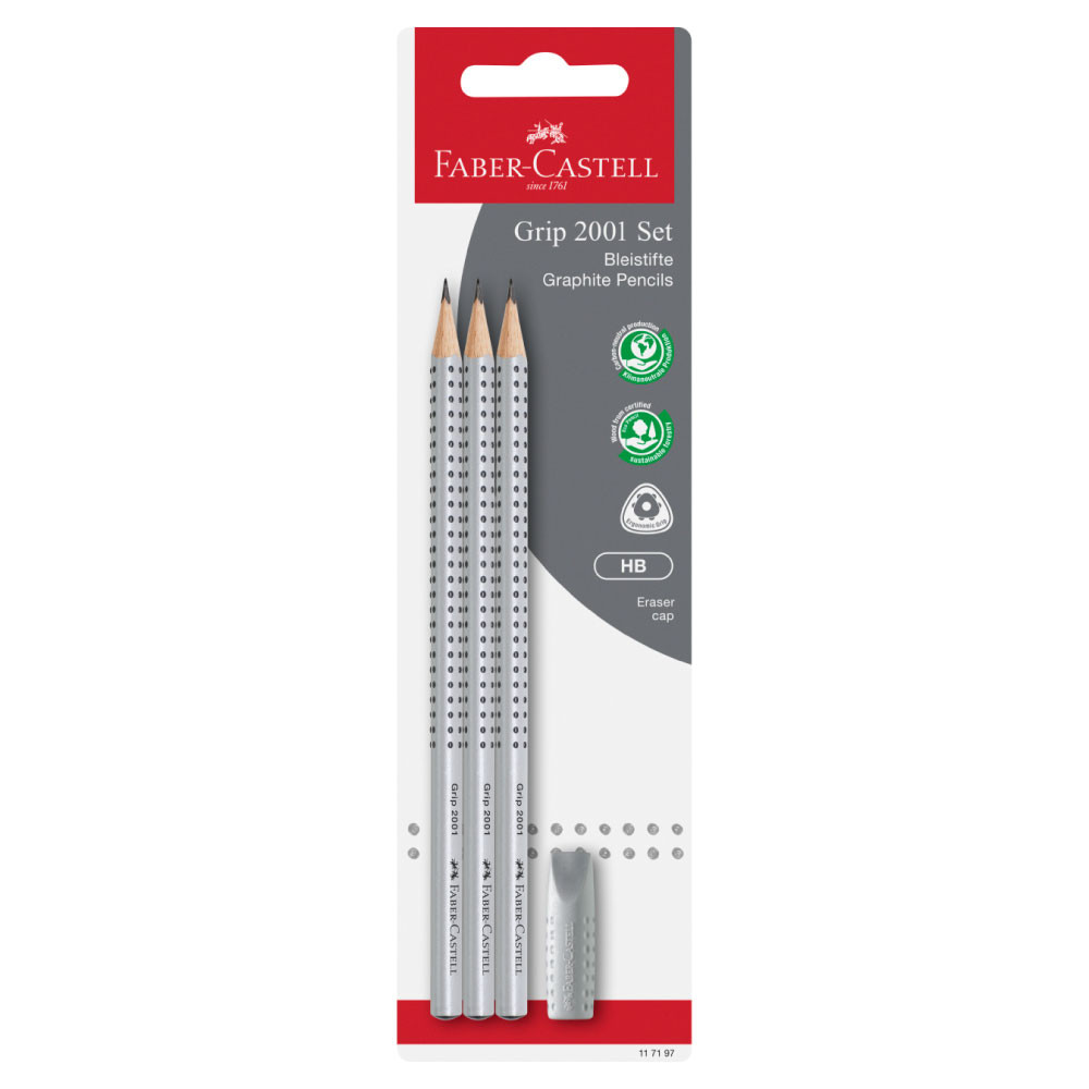 FABER-CASTELL Bleistift Grip 2001 FABER-CASTELL Sets - 3er Set (HB) + 2x Radierer